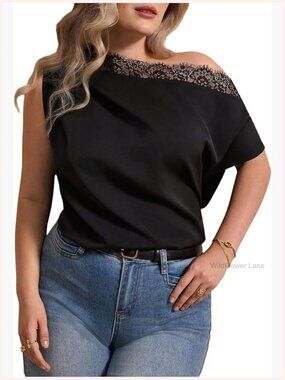 Plus Size Off Shoulder Lace Tunic Blouse Short Sleeve Asymmetrical